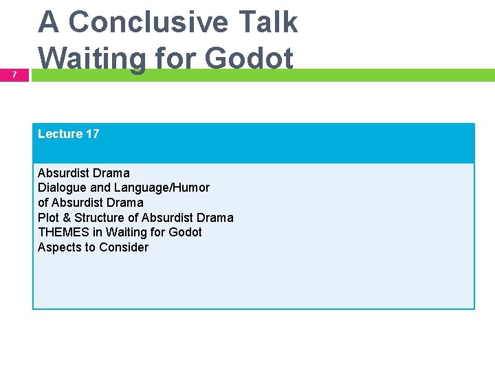 7 A Conclusive Talk Waiting for Godot Lecture 17 Absurdist Drama Dialogue and Language/Humor