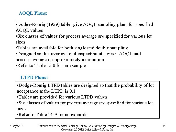 AOQL Plans: • Dodge-Romig (1959) tables give AOQL sampling plans for specified AOQL values