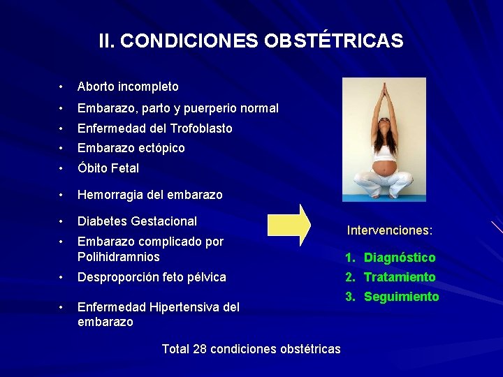 II. CONDICIONES OBSTÉTRICAS • Aborto incompleto • Embarazo, parto y puerperio normal • Enfermedad