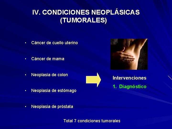 IV. CONDICIONES NEOPLÁSICAS (TUMORALES) • Cáncer de cuello uterino • Cáncer de mama •