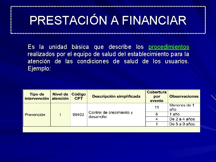 PRESTACIÓN A FINANCIAR Es la unidad básica que describe los procedimientos realizados por el