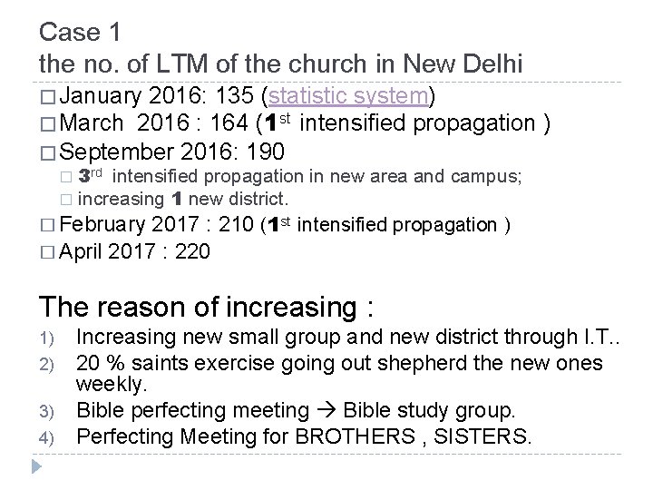 Case 1 the no. of LTM of the church in New Delhi � January