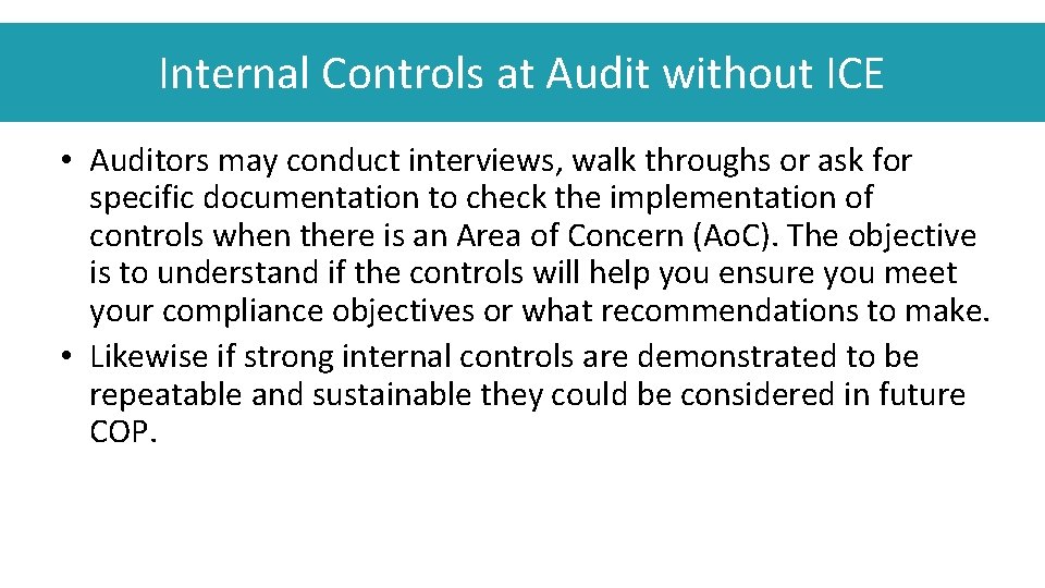 Internal Controls at Audit without ICE • Auditors may conduct interviews, walk throughs or