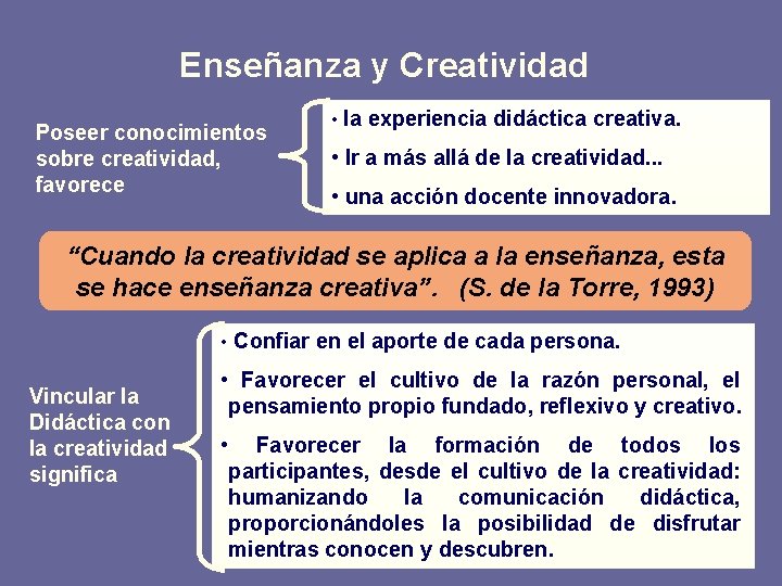 Enseñanza y Creatividad Poseer conocimientos sobre creatividad, favorece • la experiencia didáctica creativa. •