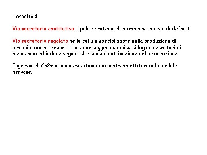 L’esocitosi Via secretoria costitutiva: lipidi e proteine di membrana con via di default. Via