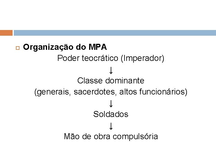  Organização do MPA Poder teocrático (Imperador) ↓ Classe dominante (generais, sacerdotes, altos funcionários)