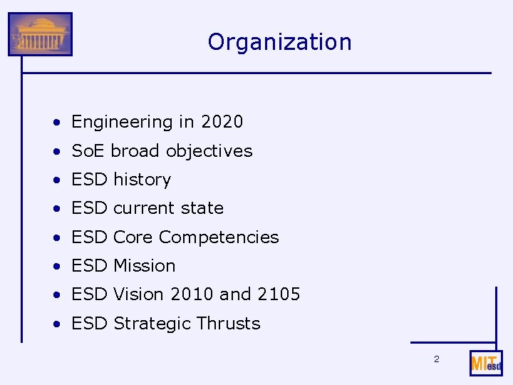 Organization • Engineering in 2020 • So. E broad objectives • ESD history •