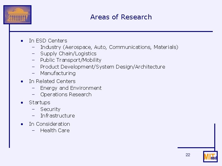 Areas of Research • In ESD Centers – Industry (Aerospace, Auto, Communications, Materials) –