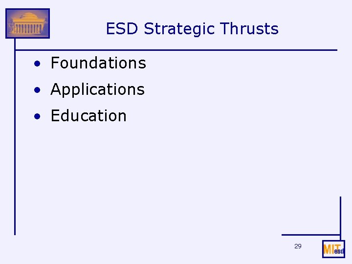 ESD Strategic Thrusts • Foundations • Applications • Education 29 
