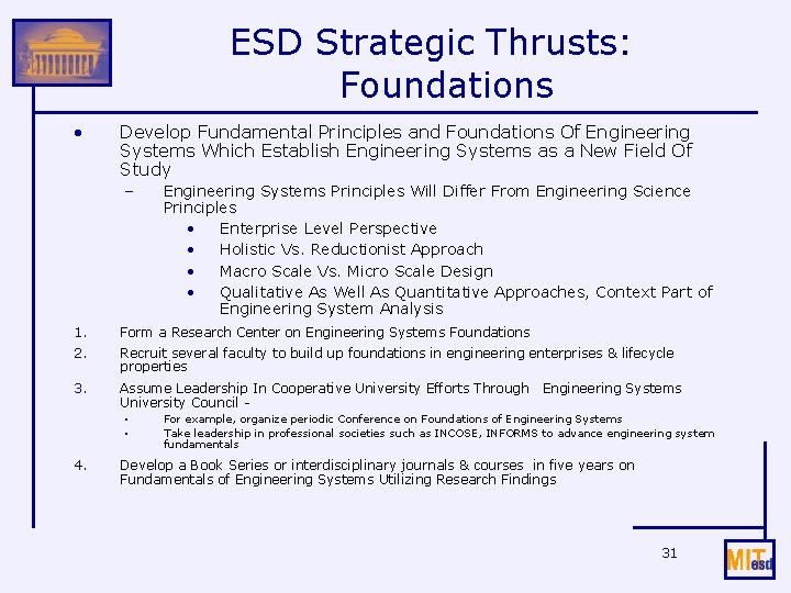 ESD Strategic Thrusts: Foundations • Develop Fundamental Principles and Foundations Of Engineering Systems Which