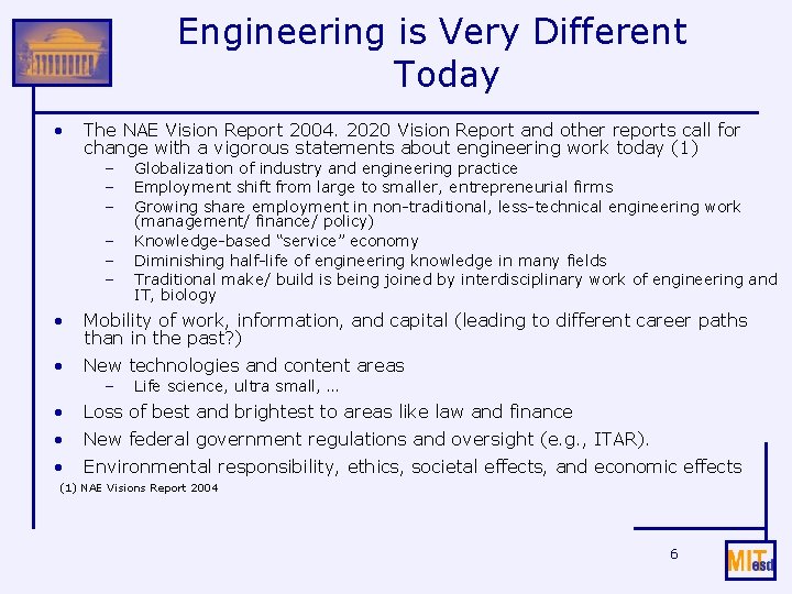 Engineering is Very Different Today • The NAE Vision Report 2004. 2020 Vision Report