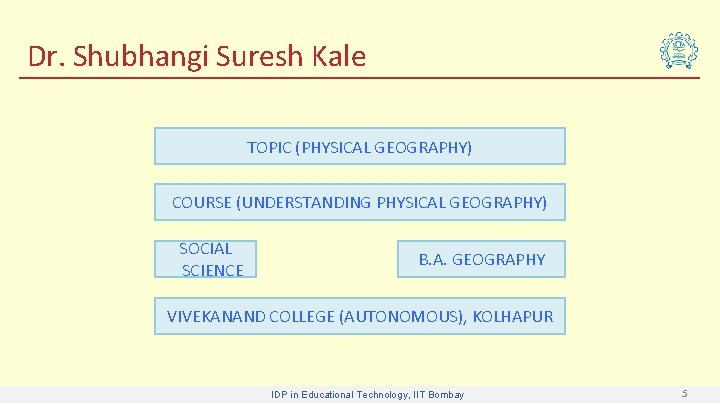 Dr. Shubhangi Suresh Kale TOPIC (PHYSICAL GEOGRAPHY) COURSE (UNDERSTANDING PHYSICAL GEOGRAPHY) SOCIAL SCIENCE B.