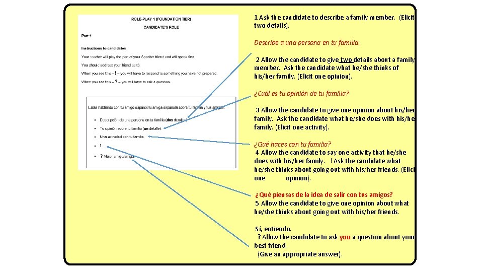 1 Ask the candidate to describe a family member. (Elicit two details). Describe a
