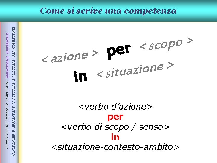 UINSEGNARE E APPRENDERE, PROGETTARE E VALUTARE PER COMPETENZE FIORINO TESSARO Università Ca’ Foscari Venezia