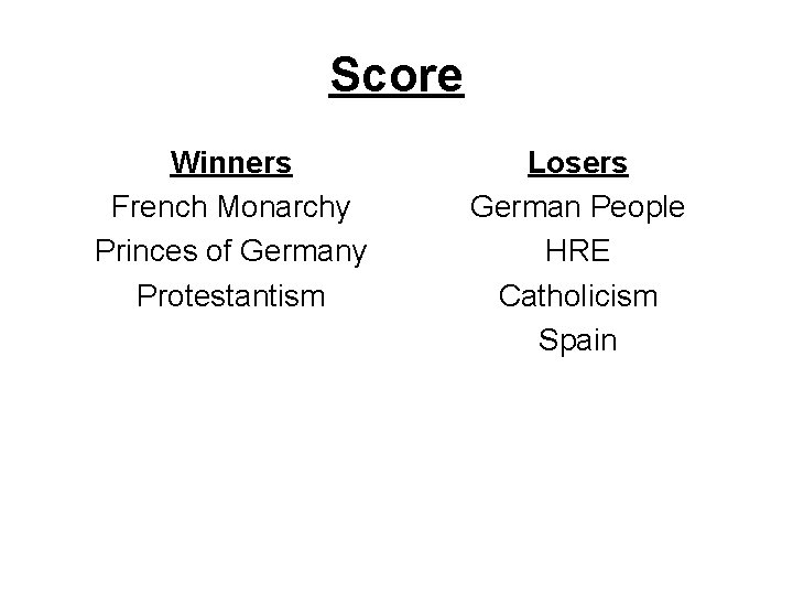 Score Winners French Monarchy Princes of Germany Protestantism Losers German People HRE Catholicism Spain