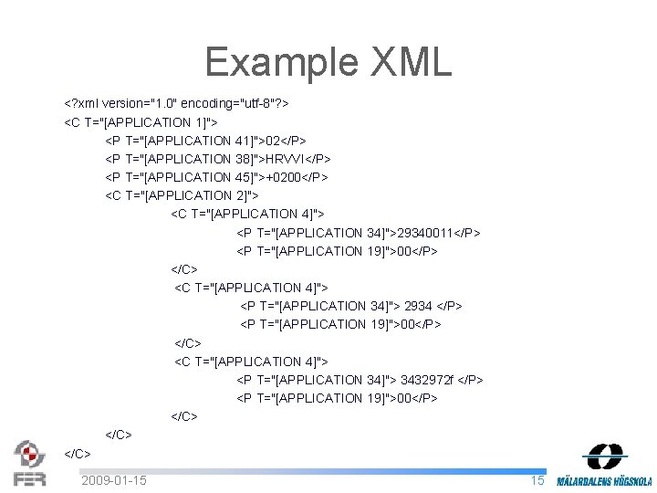 Example XML <? xml version="1. 0" encoding="utf-8"? > <C T="[APPLICATION 1]"> <P T="[APPLICATION 41]">02</P>