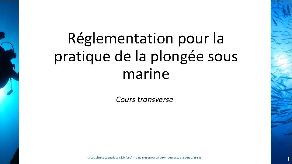 Réglementation pour la pratique de la plongée sous marine Cours transverse c) Dauphin Subaquatique Réglementation pour la pratique de la plongée sous marine Cours transverse c) Dauphin Subaquatique