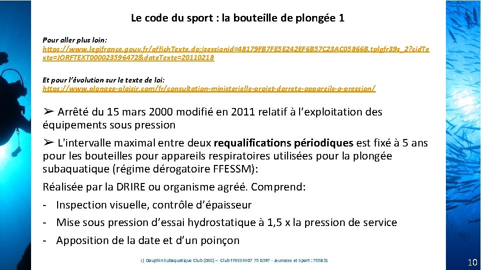 Le code du sport : la bouteille de plongée 1 Pour aller plus loin: Le code du sport : la bouteille de plongée 1 Pour aller plus loin: