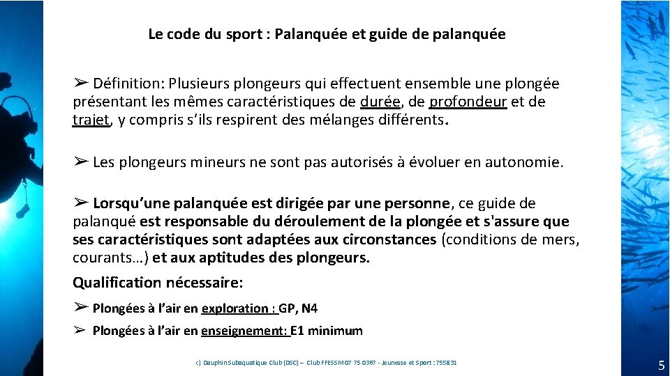 Le code du sport : Palanquée et guide de palanquée ➢ Définition: Plusieurs plongeurs Le code du sport : Palanquée et guide de palanquée ➢ Définition: Plusieurs plongeurs