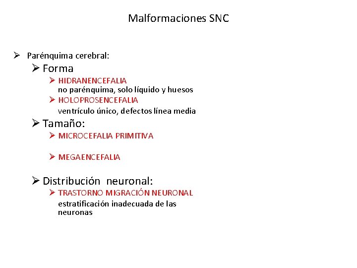 Malformaciones SNC Ø Parénquima cerebral: Ø Forma Ø HIDRANENCEFALIA no parénquima, solo líquido y