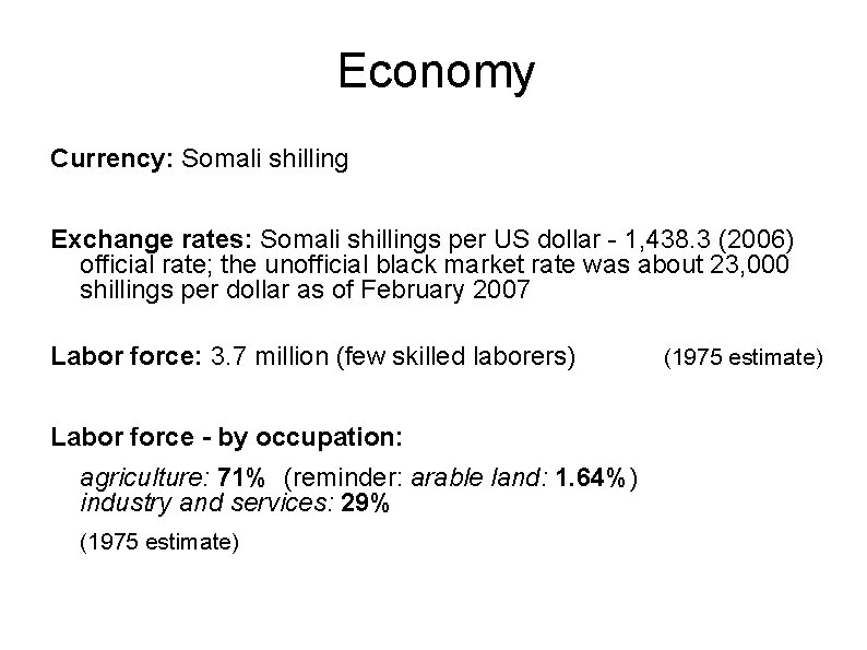 Economy Currency: Somali shilling Exchange rates: Somali shillings per US dollar - 1, 438.