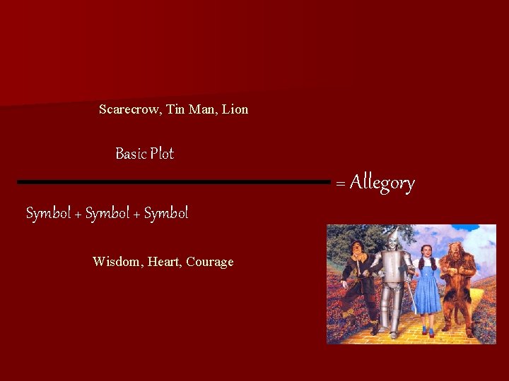 Scarecrow, Tin Man, Lion Basic Plot = Allegory Symbol + Symbol Wisdom, Heart, Courage Scarecrow, Tin Man, Lion Basic Plot = Allegory Symbol + Symbol Wisdom, Heart, Courage