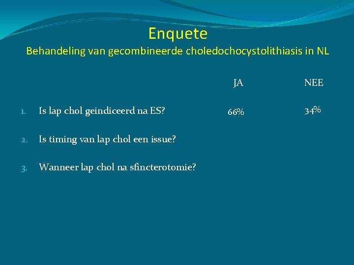 Enquete Behandeling van gecombineerde choledochocystolithiasis in NL 1. Is lap chol geindiceerd na ES?