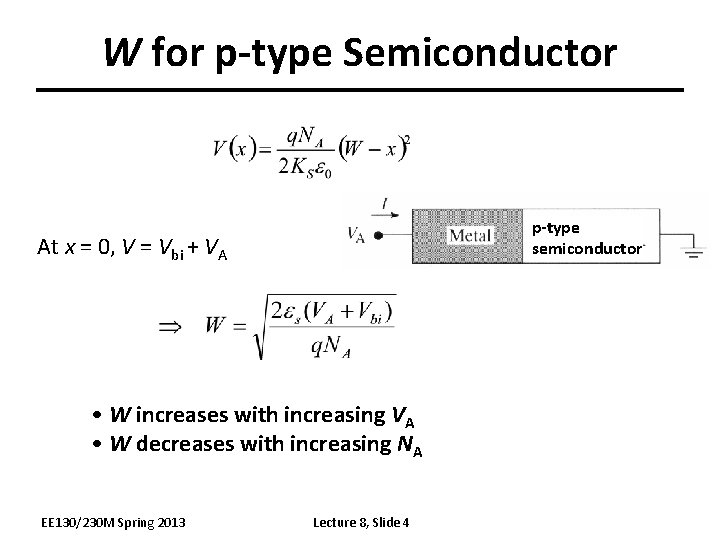 W for p-type Semiconductor p-type semiconductor At x = 0, V = Vbi +
