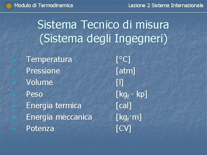 Modulo di Termodinamica Lezione 2 Sistema Internazionale Sistema Tecnico di misura (Sistema degli Ingegneri)
