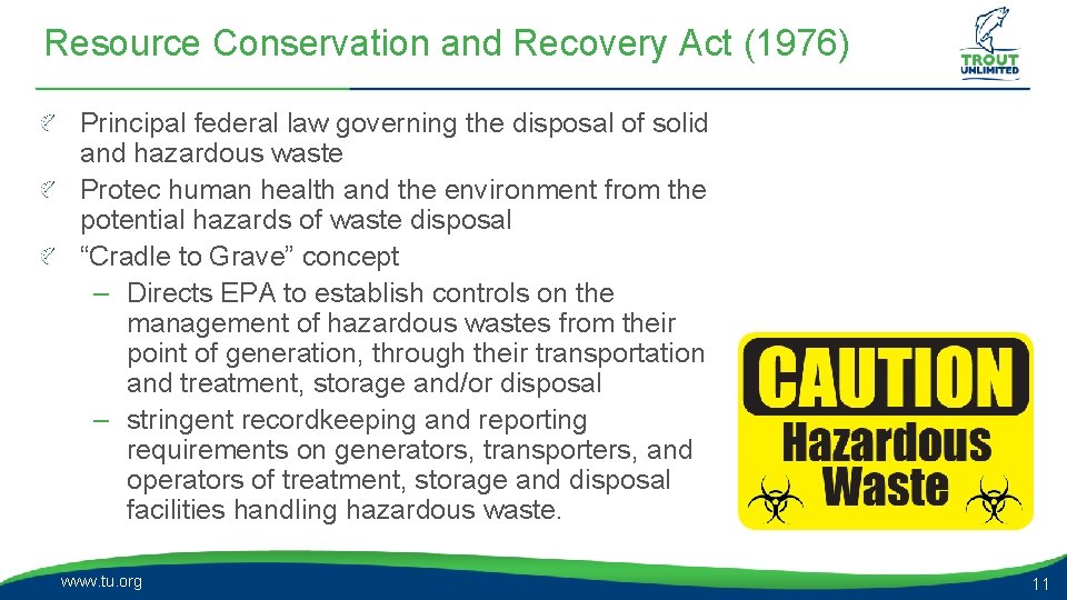 Resource Conservation and Recovery Act (1976) Principal federal law governing the disposal of solid