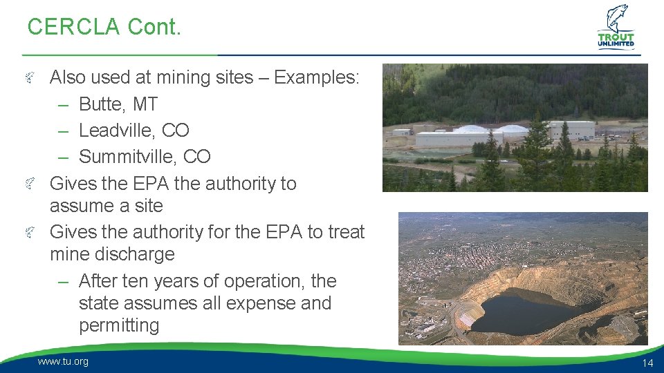 CERCLA Cont. Also used at mining sites – Examples: – Butte, MT – Leadville,