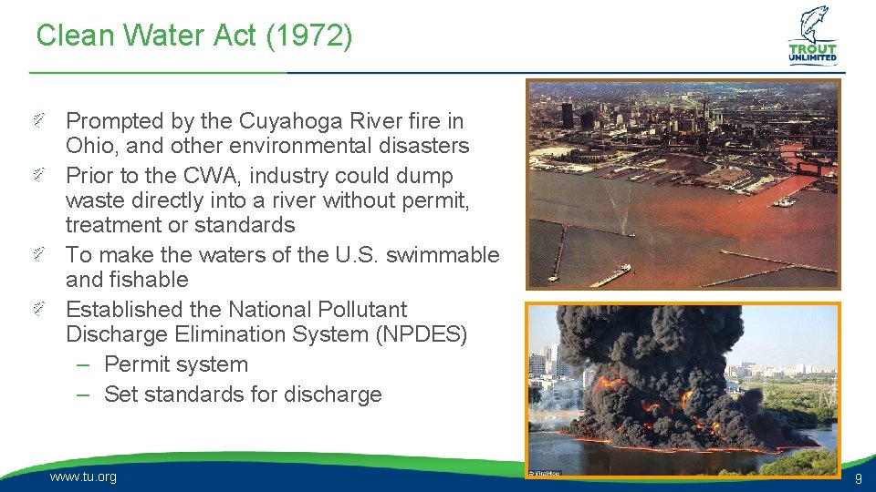 Clean Water Act (1972) Prompted by the Cuyahoga River fire in Ohio, and other