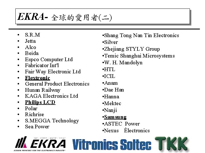 EKRA- 全球的愛用者(二) • • • • S. R. M Jetta Alco Beida Espco Computer