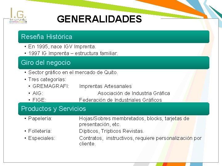 GENERALIDADES Reseña Histórica • En 1995, nace IGV Imprenta. • 1997 IG Imprenta –