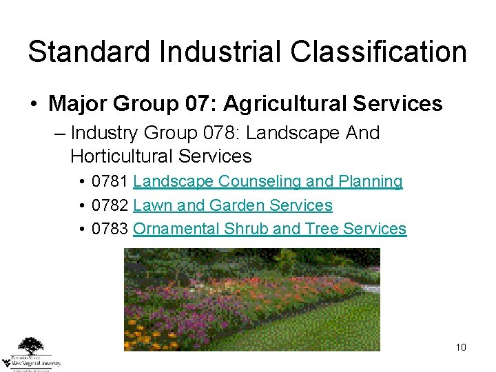 Standard Industrial Classification • Major Group 07: Agricultural Services – Industry Group 078: Landscape