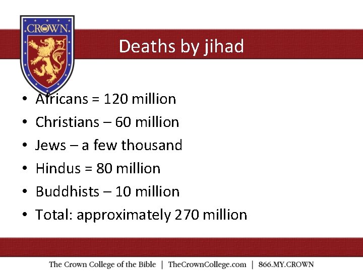 Deaths by jihad • • • Africans = 120 million Christians – 60 million
