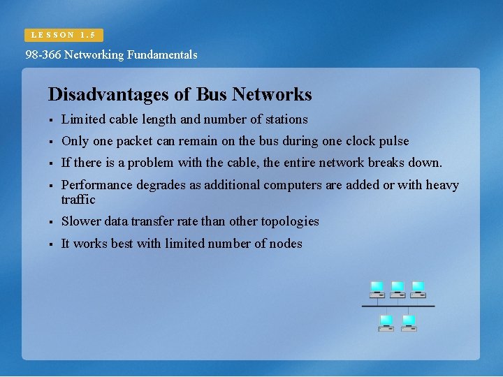 LESSON 1. 5 98 -366 Networking Fundamentals Disadvantages of Bus Networks § Limited cable