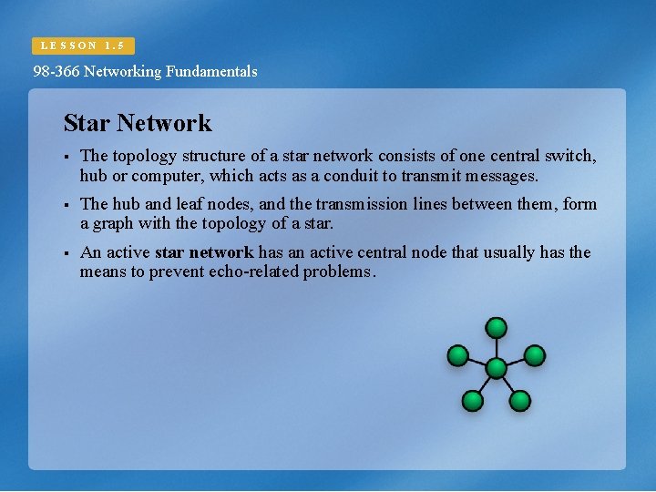 LESSON 1. 5 98 -366 Networking Fundamentals Star Network § The topology structure of