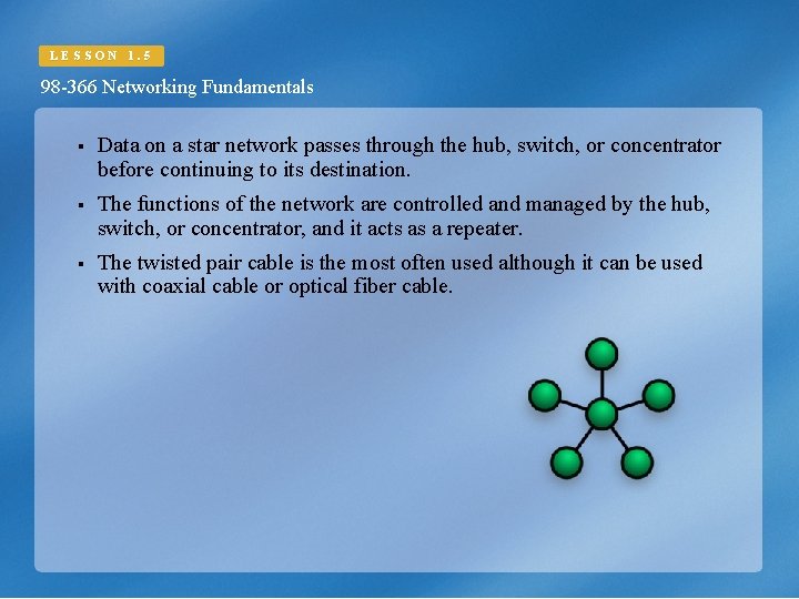 LESSON 1. 5 98 -366 Networking Fundamentals § Data on a star network passes