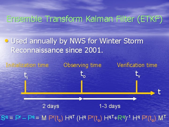 Ensemble Transform Kalman Filter (ETKF) • Used annually by NWS for Winter Storm Reconnaissance Ensemble Transform Kalman Filter (ETKF) • Used annually by NWS for Winter Storm Reconnaissance