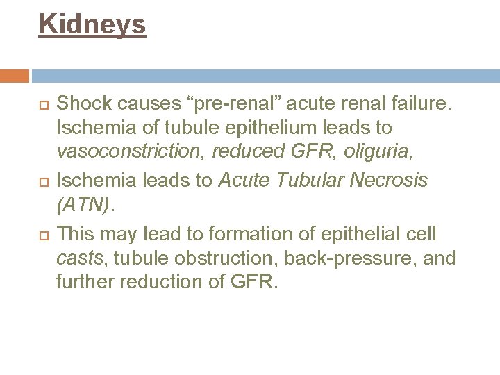 Kidneys Shock causes “pre-renal” acute renal failure. Ischemia of tubule epithelium leads to vasoconstriction,