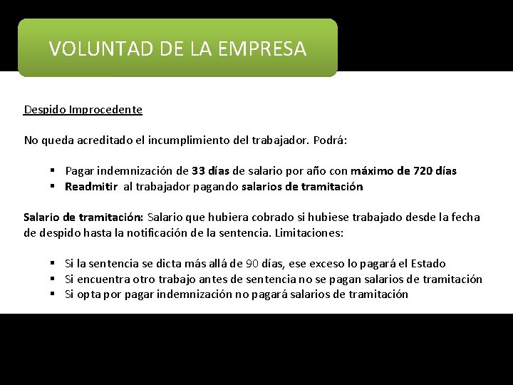 VOLUNTAD DE LA EMPRESA Despido Improcedente No queda acreditado el incumplimiento del trabajador. Podrá: