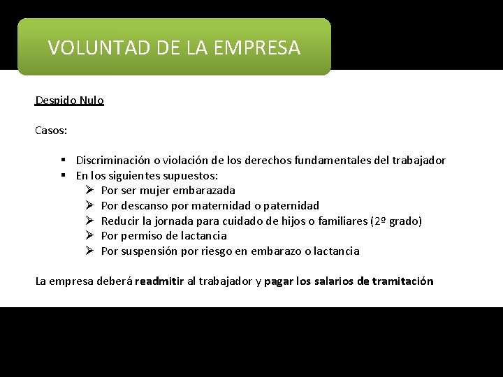 VOLUNTAD DE LA EMPRESA Despido Nulo Casos: § Discriminación o violación de los derechos