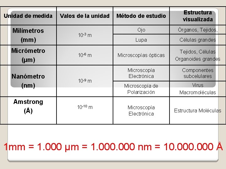 Unidad de medida Valos de la unidad Milímetros (mm) 10 -3 Micrómetro (µm) 10