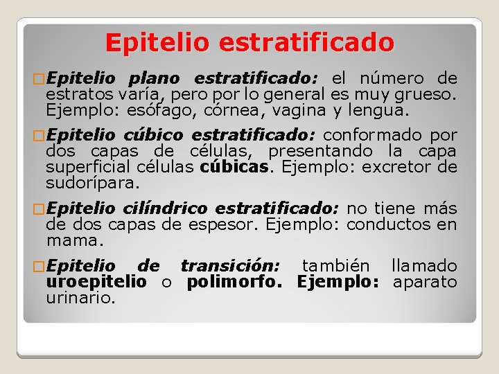 Epitelio estratificado � Epitelio plano estratificado: el número de estratos varía, pero por lo