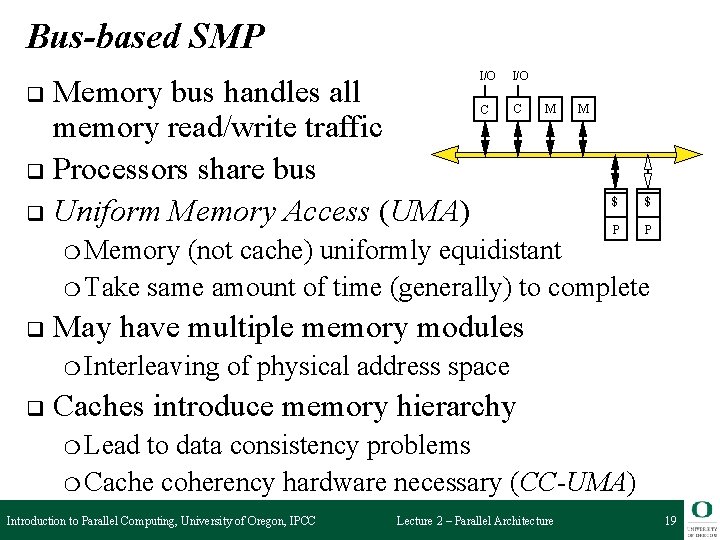 Bus-based SMP Memory bus handles all memory read/write traffic q Processors share bus q