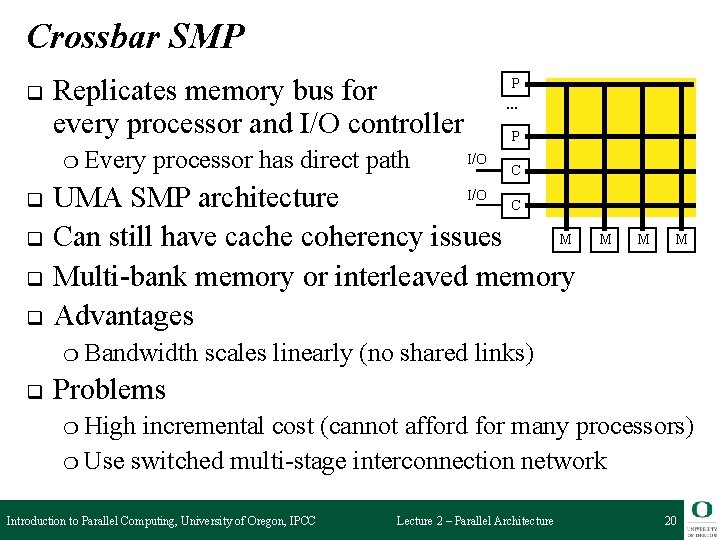 Crossbar SMP q Replicates memory bus for every processor and I/O controller ❍ Every