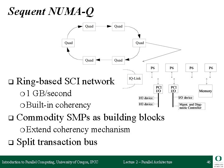 Sequent NUMA-Q q Ring-based SCI network ❍1 GB/second ❍ Built-in coherency q Commodity SMPs