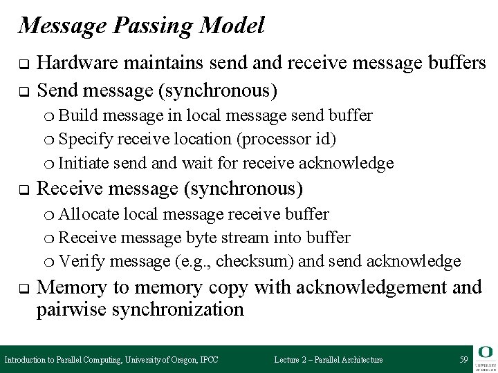 Message Passing Model q q Hardware maintains send and receive message buffers Send message