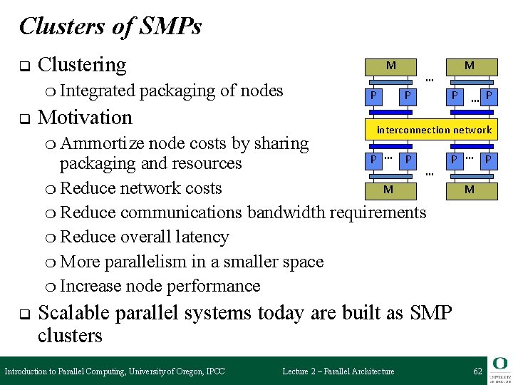 Clusters of SMPs Clustering ❍ Integrated q M packaging of nodes Motivation ❍ Ammortize